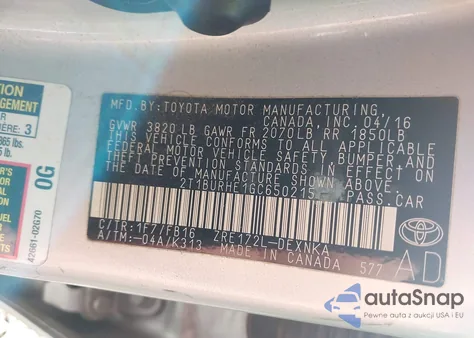 2016 Toyota Corolla Le z USA, uszkodzony, nr VIN 2T1BURHE1GC650215